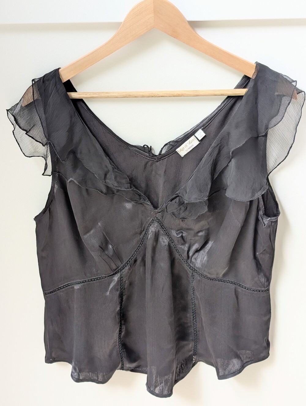 Victorian Boho Whimsicore Satin Ruffle V-Neck Black Top